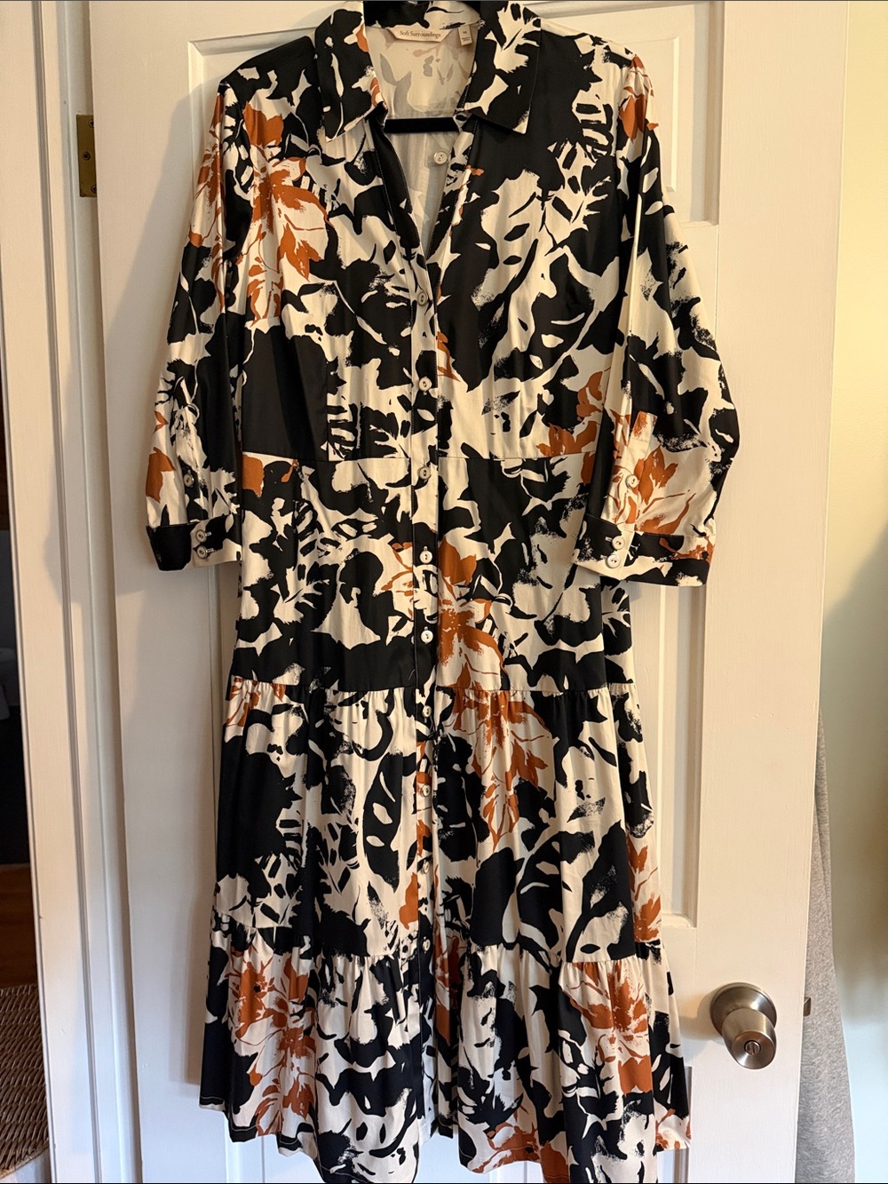 Soft Surroundings Black, White & Brown Abstract Floral Midi Dress
